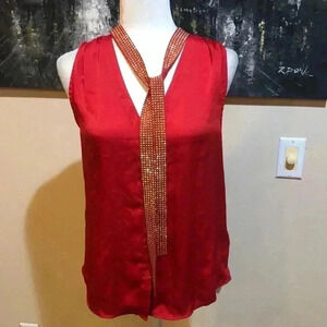 Michael Kors Red Sleeveless Beaded Neck Tie Top with Button Front Size Small